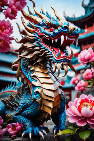 AiArtV, Dragon, solo,open mouth,red eyes,flower,horns,teeth,blurry,no humans,depth of field,blurry background,sharp teeth,dragon,scales,east asian architecture,eastern dragon,peony (flower)