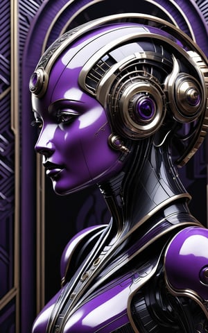 A hyper-realistic and hyper-detailed image of a biomechanical humanoid in a sci-fi setting. The design is in the style of modern Art Deco, featuring elegant luxury elements. The primary colors are purple and black, creating a striking contrast. The overall look is sophisticated and refined, embodying the elegance and opulence of Art Deco while incorporating futuristic biomechanical aspects. (hyper-realistic, hyper-detailed, sci-fi, modern Art Deco, elegant luxury, purple and black)