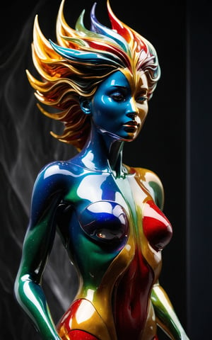 (ultra detailed, 8K, highly detailed, masterpiece, intricate, beautiful), (surreal, fantasy, sculpture, abstract), a stunning sculpture of a humanoid figure made of crystalline material. The figure has a mesmerizing blend of colors, including gold, red, green, and blue. The sculpture's hair flows dynamically with sharp, geometric shapes, creating a sense of motion. The background is dark, highlighting the brilliant colors and reflective surfaces of the sculpture, giving it an ethereal, otherworldly appearance.