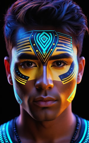 (best quality, 4K, 8K, high-resolution, masterpiece), ultra-detailed, photorealistic, young stunning man, intricate Techno Primitive face paint, glowing neon circuit patterns, tribal markings, high contrast, dramatic lighting, futuristic and tribal fusion, high-tech aesthetic, artistic composition.