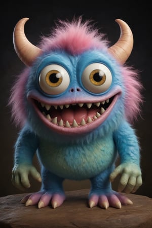 (best quality,8K,highres,masterpiece), ultra-detailed, capturing the whimsical essence of a cute, tiny monster with a distinctly creepy smile. This creature, while small in stature, boasts an array of vibrant colors and textures, making it stand out with its unique charm. Despite its eerie grin, there's an undeniable allure to its appearance, blending elements of the adorable with the slightly unsettling. The monster's eyes sparkle with mischief, suggesting a playful nature behind its unnerving smile. Its skin is highly textured, showcasing an array of soft, pastel shades that contrast with the darker, more mysterious tones of its grin. The background is deliberately blurred, focusing attention on the creature's expressive face and the intricate details that define its character. This portrayal combines the innocent with the eerie, inviting viewers into a world where even the smallest monsters carry a mix of cuteness and mystery.