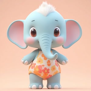 3D cute animal character,
A charming baby elephant with bright blue skin stands playfully on a soft peach background. Its large, expressive brown eyes and blushing cheeks exude warmth. The elephant's ears have pastel pink linings, and it sports a fluffy patch of white hair on its head. Adorned in a whimsical, floral-patterned outfit with vibrant orange, pink, and yellow flowers, it exudes youthful joy. The gentle lighting highlights its smooth, cartoon-like texture, creating a cute and inviting scene.