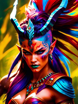 (best quality,8K,highres,masterpiece), ultra-detailed, (super colorful, vibrant), portrayal of an angry, tan draconic female barbarian wielding a massive demonic polearm. She stands tall, with broad shoulders, a thin waist, slim hips, and a fit, toned, and muscular physique adorned with a vivid palette of colors. Her well-defined abs and muscles are accentuated by prominent, colorful veins. She wears a strikingly colorful loincloth that adds a burst of hues to her ensemble. Her skin is adorned with vivid and vibrant red scales, creating a mesmerizing pattern. Her long, wild mohawk features a spectrum of colorful streaks, and her eyes glow with intense ruby-red color. The expression on her face is fierce and full of vibrant emotion, making this a stunning and dynamic visual masterpiece bursting with colors.
