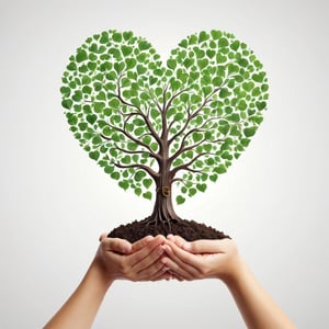 (best quality,8K,highres,masterpiece), ultra-detailed, tree planting, a person holding a heart shaped tree in their hands with leaves flying around it and a white background