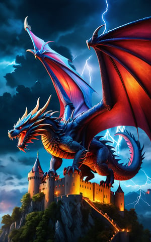 (best quality,8K,highres,masterpiece), ultra-detailed, (majestic dragon soaring over a medieval castle), depiction of a powerful dragon with gleaming scales, soaring majestically over a grand medieval castle. The dragon's wings are spread wide, casting a shadow over the castle below. The scene is set against a dramatic sky with storm clouds and lightning, enhancing the sense of awe and danger. The overall composition captures the mythical and epic nature of the scene, with detailed textures on the dragon and the castle.