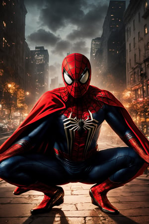 A breathtaking 8K photorealistic concept art masterpiece, (Spiderman in a striking black and red suit, unmasked, with a crimson cape billowing gracefully:1.3), Against a highly detailed night cityscape, captured with perfect composition and sharp focus, (A cinematic vision of artistry:1.3), Bathed in soft, natural volumetric lighting, the chiaroscuro effect enhancing the intricate details of the suit, (A true award-winning photograph:1.3)