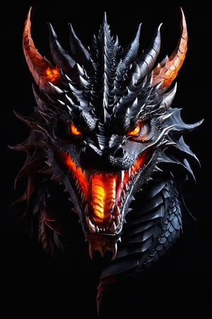 AiArtV, Dragon, solo,looking at viewer,open mouth,simple background,teeth,orange eyes,no humans,glowing,fangs,black background