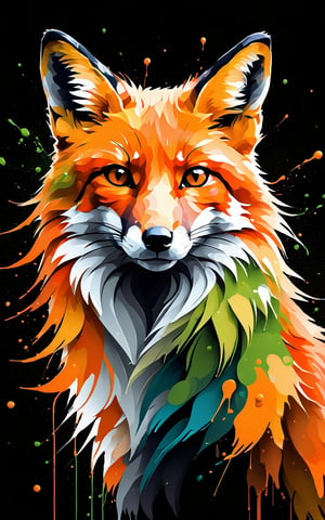(Artistic bird illustration, high resolution, painted style, colored paint splatters), a [Fox] depicted in a painted style with dynamic and vibrant paint splatters. The main colors are [orange] and [green], set against a [black] background. The artwork captures the lively essence of the [Fox] through the use of bold paint splatters, creating a visually striking and energetic composition.