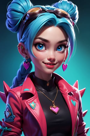 (best quality, 4k, 8k, highres, masterpiece:1.5), ultra-detailed, 1girl,solo,long hair,looking at viewer,blush,smile,blue eyes,jewelry,blue hair,jacket,upper body,braid,:d,heart,multicolored hair,earrings,fang,artist name,necklace,hair bun,twin braids,collar,double bun,tattoo,chain,piercing,goggles,ear piercing,bandaid,spikes,goggles on head,bandaid on face,spiked collar,chain necklace,sticker,jinx (league of legends)