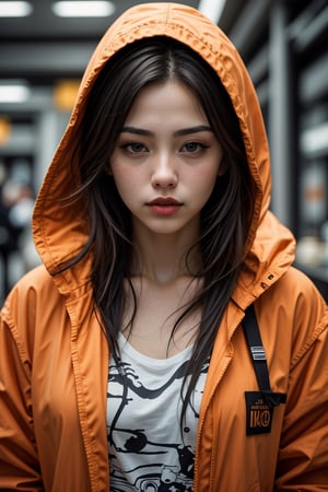 (best quality, 4k, 8k, highres, masterpiece:1.2), ultra-detailed, (realistic, photorealistic, photo-realistic:1.37), 1girl,solo,long hair,looking at viewer,shirt,brown eyes,closed mouth,jacket,upper body,open clothes,hood,orange hair,open jacket,lips,black jacket,black shirt,eyelashes,hoodie,hooded jacket,hood up,freckles,realistic,open hoodie