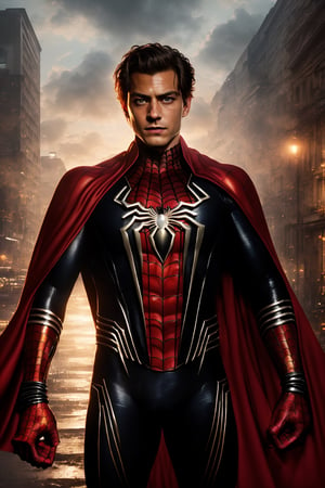 A breathtaking 8K photorealistic concept art masterpiece, (Spiderman in a striking black and red suit, unmasked, with a crimson cape billowing gracefully:1.3), Against a highly detailed night cityscape, captured with perfect composition and sharp focus, (A cinematic vision of artistry:1.3), Bathed in soft, natural volumetric lighting, the chiaroscuro effect enhancing the intricate details of the suit, (A true award-winning photograph:1.3)