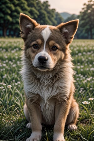 (best quality, 4k, 8k, highres, masterpiece:1.2), ultra-detailed, (realistic, photorealistic, photo-realistic:1.37), dog, pet, adorable, cute, lively, friendly, playful, doggy eyes, fluffy fur, happy expression, small size, curled tail, pointy ears, puppy, paws, snout, puppy breath, chubby cheeks, wagging tail, soft nose, puppy love, warm-hearted, loyal companion, joyful, fun-loving, running in the meadow, grass, beautiful sunny day, family pet, symbol of happiness, portrait style, vivid colors, shades of brown, bokeh lighting.