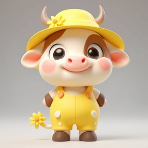 3D cute animal character,
A charming cartoon cow with large, sparkling eyes and rosy cheeks stands smiling. It sports a wide-brimmed yellow hat adorned with a small flower. Its body is a mix of cream and brown patches, wearing yellow overalls decorated with white spots. The cow's tail holds a bright yellow flower, adding to its playful demeanor. Short, rounded legs and a plump body enhance its endearing appearance. The background is a soft gradient of light gray, emphasizing the cow’s vibrant outfit and friendly expression.