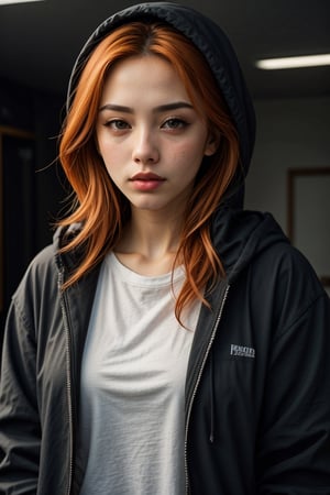 (best quality, 4k, 8k, highres, masterpiece:1.2), ultra-detailed, (realistic, photorealistic, photo-realistic:1.37), 1girl,solo,long hair,looking at viewer,shirt,brown eyes,closed mouth,jacket,upper body,open clothes,hood,orange hair,open jacket,lips,black jacket,black shirt,eyelashes,hoodie,hooded jacket,hood up,freckles,realistic,open hoodie