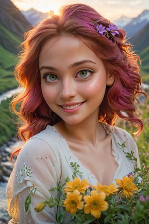(best quality, 8k, highres, masterpiece:1.2), photorealistic, ultra-detailed, vibrant photography of a woman in nature, cute smile, dramatic lighting, finely detailed beautiful eyes, fine detailed skin, Natural scenery, majestic landscape, colorful flowers, distant mountains, flowing rivers, melting sunset, serene atmosphere, dazzling sunlight, blissful vibes, freckled face, luscious greenery, soft breeze, ethereal beauty