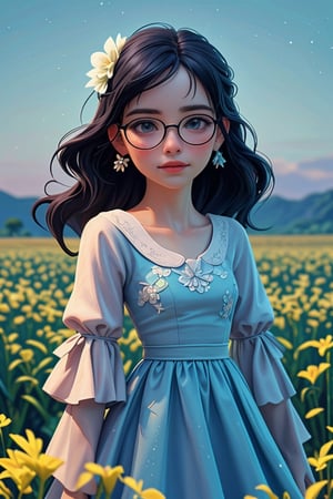 (best quality,portrait,masterpiece:1.2),girl in a blue dress with a hair flower, standing in a vast flower field. The girl is wearing glasses and has beautiful freckles on her face. Above her, the sky is filled with vibrant blue hues, as the sun sets in the distance, casting a warm orange glow. The girl wears delicate earrings that shimmer in the cinematic light.