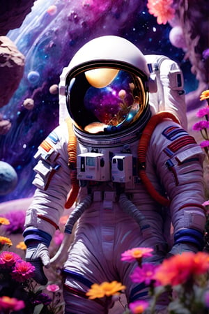 an astronaut is standing in the middle of a field full of flowers and space rocks with his helmet on,outer space