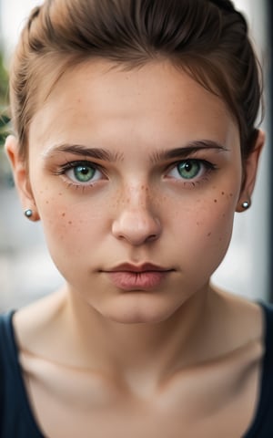 score_9,score_8_up,score_7_up,photorealistic, photography, 1girl,looking at viewer,short hair,brown hair,green eyes,lips,blurry background,piercing,portrait,close-up,freckles,realistic