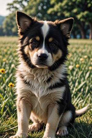 (best quality, 4k, 8k, highres, masterpiece:1.2), ultra-detailed, (realistic, photorealistic, photo-realistic:1.37), dog, pet, adorable, cute, lively, friendly, playful, doggy eyes, fluffy fur, happy expression, small size, curled tail, pointy ears, puppy, paws, snout, puppy breath, chubby cheeks, wagging tail, soft nose, puppy love, warm-hearted, loyal companion, joyful, fun-loving, running in the meadow, grass, beautiful sunny day, family pet, symbol of happiness, portrait style, vivid colors, shades of brown, bokeh lighting.