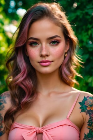 (Create an ultra-detailed photograph) of a stunning ((27-year-old Russian girl)) with a gorgeous and cute appearance. Capture her with a ((smirk)) and highlighting her ((freckles)). She should be wearing a ((green top and pink skirt)). In the background, include a young girl in a green top and pink skirt for context. This should be a ((masterpiece)) with a ((best_quality)) in ultra-high resolution, both ((4K)) and ((8K)), incorporating ((HDR)) for added vibrancy. Utilize a ((Kodak Portra 400 lens)) to achieve a professional and timeless quality. Emphasize a ((blurry background)) with a touch of ((bokeh)) and ((lens flare)) for artistic effect. Enhance ((vibrant colors)) for a lively appearance. Ensure the photograph is ((ultra-detailed)) and showcases ((absurdres)) details. Pay extra attention to capturing the ((beautiful face)) of the subject, focusing on features such as ((large breasts)) and a ((narrow waist)). Highlight any ((tattoos)) present. The goal is to create a ((professional photograph)) that is both visually striking and technically superb.