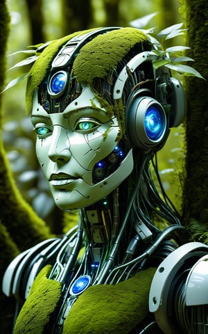 (ultra high detail, photorealistic, 8K, high-resolution, masterpiece), intricate biomechanical android head covered in green foliage and moss, glowing blue eyes, robotic face with detailed mechanical components, blending seamlessly with natural elements, surrounded by dense green leaves and branches, soft diffused lighting, futuristic yet natural atmosphere, cybernetic being in harmony with nature, high-definition textures, lush greenery, and intricate mechanical design