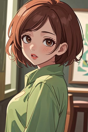 (best quality, 4k, 8k, highres, masterpiece:1.5), ultra-detailed,anime, 1girl,solo,looking at viewer,blush,short hair,brown hair,shirt,brown eyes,upper body,parted lips,indoors,medium hair,lips,makeup,lipstick,portrait,green shirt,red lips