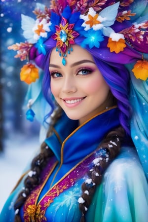 (best quality, 8K, highres, masterpiece:1.2), ultra-detailed, (fantasy-inspired, whimsical:1.37), portrait of a captivating and smiling caucasian woman transformed into a enchanting winter faerie. Her eyes, now large and luminous with detailed, circular irises of vivid, iridescent colors, reflect the magic of the winter season. She wears fantastical winter attire adorned with luxurious fur trim that shimmers with a kaleidoscope of vibrant colors. The snowy scenery behind her is a fantasy wonderland, with soft, colorful snowflakes falling gently from the sky. As she breathes icy air, her rosy cheeks and lips hint at the enchantment of this realm. Her hair flows in long, flowing strands, decorated with delicate, multi-colored snowflakes. Her pose exudes elegance and confidence, with a subtle, warm lighting accentuating her radiance. Her joyful expression and sparkling eyes reveal the innocence and wonder of this enchanting winter creature, who brings peace and serenity to the snow-covered trees in the background. The scene is an explosion of vibrant and fantastical colors, transforming the winter landscape into a magical realm.