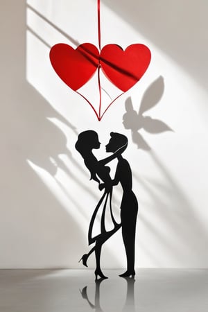 (best quality, 8K, highres, masterpiece), ultra-detailed, AiArtV Valentine's Day theme featuring 1 girl and 1 boy. The composition is set against a stark white background, emphasizing the simplicity and purity of the scene. Central to the image is a heart shape, creatively formed by the shadows of the two figures under, suggesting a moment of intimacy and connection. The figures themselves are presented as silhouettes, capturing the universal language of love through their posture and the imminent kiss, symbolizing a timeless moment of romance. The use of yuri elements adds a layer of depth and diversity, celebrating love in its many forms. This artwork aims to convey the essence of Valentine's Day—love, connection, and the beauty of shared moments