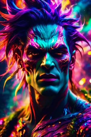 (best quality, 8K, highres, masterpiece), ultra-detailed, (photorealistic, cinematic), illustration painting of a luminous and enchanting bad guy undead/human-like creature with vibrant and dynamic anime-style colors. The creature, with dark, colorful hair, strikes a dynamic pose in a brilliantly lit fantasy realm environment filled with a kaleidoscope of colors. The mid-shot composition and rule of thirds depth of field emphasize intricate details, creating a fantastical realm that bursts with subtle and vibrant colors. The use of light particles enhances the scene's grandeur and awe, making it a stunning visual masterpiece in a double-exposure style. The strong outlines contribute to the scene's cinematic feel, creating a super colorful and visually captivating narrative