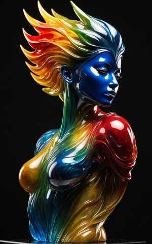 (ultra detailed, 8K, highly detailed, masterpiece, intricate, beautiful), (surreal, fantasy, sculpture, abstract), a stunning sculpture of a humanoid figure made of crystalline material. The figure has a mesmerizing blend of colors, including gold, red, green, and blue. The sculpture's hair flows dynamically with sharp, geometric shapes, creating a sense of motion. The background is dark, highlighting the brilliant colors and reflective surfaces of the sculpture, giving it an ethereal, otherworldly appearance.