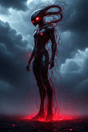 A sleek cyborg figure, drenched in shadow, stands against a stormy sky. Glowing red circuits and patterns illuminate its black metallic body, flowing like veins throughout. One eye gleams intensely with a fiery red light. Tangled, horn-like structures extend from the head, dissipating into a cascade of brilliant red particles. Billowing red trails of energy intertwine with the wires, adding dynamic movement. The background features dark, ominous clouds, creating a stark contrast against the vibrant red and black colors of the cyborg.