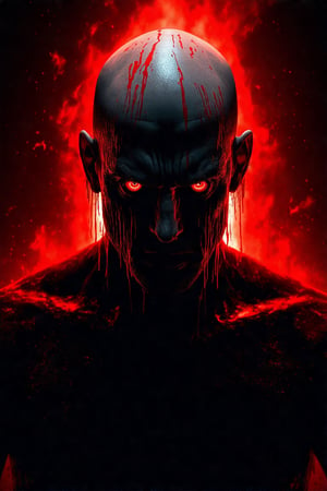 A menacing figure with a bald head and deep frown looms against a fiery red background. Glowing red eyes pierce through the darkness, creating a stark contrast with the dark, almost black skin. Thick, vertical streaks of red paint drip down the face and shoulders, adding a chaotic texture. The intense light source from behind casts an ominous glow around the head, enhancing the sinister atmosphere.