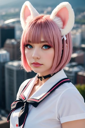 skistyle, 1girl, solo, pink hair, animal ears, blue eyes, wings, looking at viewer, bangs, short hair, bow, sailor collar, white sailor collar, hair bow, pink bow, closed mouth, shirt, white shirt, bear ears, bob cut, mini wings, portrait, detached wings, makeup, upper body, city in background