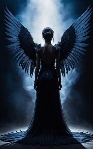 (dark, ethereal, highly detailed, high contrast) A silhouette of a figure with large, dark wings extending from their back, surrounded by swirling, smoky mist. The scene is illuminated by a cold, blue light, creating a mysterious and otherworldly atmosphere. The wings are detailed with individual feathers, and the edges appear to be disintegrating into particles. The figure's head is bowed, adding to the somber and melancholic mood. The background is a deep, shadowy blue, enhancing the ethereal and mystical vibe of the image.