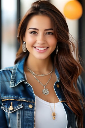 best quality, 4k, 8k, masterpiece, ultra-detailed, photorealistic, woman, long hair, looking at viewer, smile, brown hair, jewelry, brown eyes, jacket, upper body, earrings, parted lips, necklace, blurry, head tilt, blurry background, zipper, hoop earrings, realistic, denim jacket, photorealistic