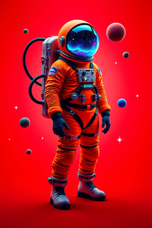 An astronaut clad in a vibrant orange spacesuit stands against a bright red background. The helmet, reflecting cosmic scenes, glows with blue and green highlights. Surrounding the astronaut are floating planets and stars emitting a luminous aura. The suit is detailed with tubing, gadgets, and metallic accents, creating a futuristic appearance. The dynamic, otherworldly atmosphere adds a sense of adventure and exploration.