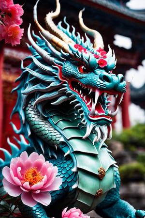 AiArtV, Dragon, solo,open mouth,red eyes,flower,horns,teeth,blurry,no humans,depth of field,blurry background,sharp teeth,dragon,scales,east asian architecture,eastern dragon,peony (flower)