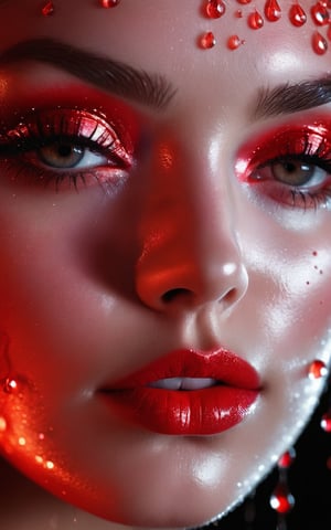(digital art, ultra-realistic, high detail, high resolution, photorealistic) close-up of a woman's face with eyes closed, illuminated by a deep red light. The face is covered with droplets of red water, creating an abstract geometric pattern. The background is a black-glittered texture, enhancing the sparkle and reflection of the droplets. The woman's eyelashes and lips are accentuated, with the red light adding a shimmering effect. The overall atmosphere is dark, mysterious, and vibrant, with a focus on the contrast between the red and black elements, giving a surreal and captivating visual experience.