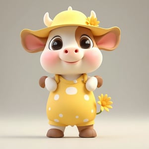 3D cute animal character,
A charming cartoon cow with large, sparkling eyes and rosy cheeks stands smiling. It sports a wide-brimmed yellow hat adorned with a small flower. Its body is a mix of cream and brown patches, wearing yellow overalls decorated with white spots. The cow's tail holds a bright yellow flower, adding to its playful demeanor. Short, rounded legs and a plump body enhance its endearing appearance. The background is a soft gradient of light gray, emphasizing the cow’s vibrant outfit and friendly expression.