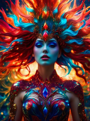 (best quality,8K,highres,masterpiece), ultra-detailed, (super colorful, vibrant), portrait of a ghostly woman with a striking combination of black and red hues. She is surrounded by a radiant and shimmering aura, with intricate motifs of vibrant gold filigree and organic tracery that explode with vivid colors. The composition is perfectly balanced and bathed in a smooth, sharp focus, while sparkling particles of every hue imaginable dance around her. The background resembles a lively and vibrant coral reef teeming with a kaleidoscope of colors. This award-winning photograph captures a surreal blend of realism and fantasy, bathed in natural light. The woman appears as a beautiful robot-metal figure, standing alone in this fantastical and strangely vibrant scene. She is adorned with strange glowing rocks and features incredibly detailed, flowing, and brilliantly colored hair, complemented by medium-length, floating strands. Her skin texture is rendered with such lifelike vibrancy that it seems to come to life in this stunning and super colorful masterpiece