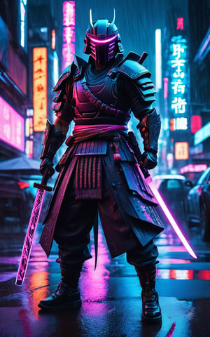(best quality,8K,highres,masterpiece), ultra-detailed, (Cyberpunk Samurai with neon-lit armor and a futuristic katana), depiction of a cyberpunk samurai standing in a rain-soaked, neon-lit city. His armor glows with neon lights, and his katana hums with an energy field. His helmet is sleek and futuristic, with a visor that displays digital readouts. The cityscape behind him is a blend of towering skyscrapers and vibrant advertisements, creating a striking contrast with his traditional warrior pose.
