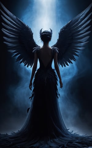 (dark, ethereal, highly detailed, high contrast) A silhouette of a figure with large, dark wings extending from their back, surrounded by swirling, smoky mist. The scene is illuminated by a cold, blue light, creating a mysterious and otherworldly atmosphere. The wings are detailed with individual feathers, and the edges appear to be disintegrating into particles. The figure's head is bowed, adding to the somber and melancholic mood. The background is a deep, shadowy blue, enhancing the ethereal and mystical vibe of the image.