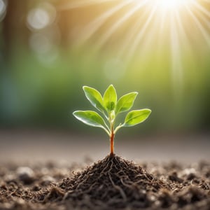 (best quality,8K,highres,masterpiece), ultra-detailed, tree planting, a small plant sprouting from the ground in the sun light with a blurry background