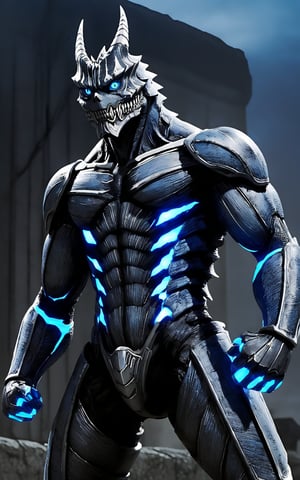 Kaiju No. 8, A striking anime illustration featuring Kafka Hibino in his kaiju form. The character is depicted in a powerful stance, with his entire body covered in a dark, armored exoskeleton. His skeletal face, with a sharp, menacing grin and piercing blue eyes, exudes an aura of intimidation. The armor on his body has glowing blue patterns that run across his chest, arms, and legs, highlighting his muscular physique and adding an otherworldly glow. His right fist is clenched, and his left hand is positioned over his chest, emphasizing his readiness for battle. The intricate details of his armor, including the segmented plates on his legs and the claw-like features on his feet, are clearly visible. The background is a simple white, putting full focus on Kafka's imposing figure and the luminous blue highlights of his kaiju transformation.