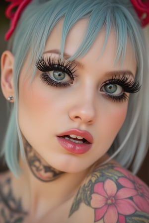 Hyperrealism, extreme close-up Portrait of a beautiful, stunning unique female character. She has large turquoise eyes filled with joy and excitement, extravagant eyelashes, making this image a masterpiece of photography and digital art. Style: realistic hyper-detailed rendering, 32k UHD, expressive eyes, punk, graphic design, pink hibiscus tattoo, girl's face, side view, pretty and cute, gleaming lips, white skin, telling a tale of adventure. Exuding confidence and serenity. Vibrant tattoos adorn her sun-kissed skin.