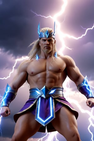 (best quality, UHD, ultra-detailed, masterpiece), (ultra-realistic, photorealistic), A breathtaking UHD portrait depicting the imposing Thunder God, his electrifying lightning strikes illuminating the sky in vibrant violet and cyan hues. Rendered with the precision of the Luminous Studio graphics engine and the brilliance of Octane render, the scene is enveloped in a cloudy haze, with fiery embers dancing around his thunderous crown.