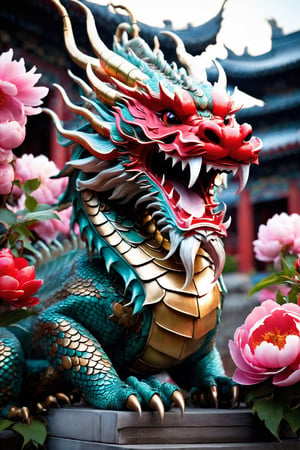 AiArtV, Dragon, solo,open mouth,red eyes,flower,horns,teeth,blurry,no humans,depth of field,blurry background,sharp teeth,dragon,scales,east asian architecture,eastern dragon,peony (flower)