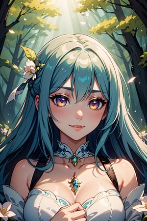 (best quality,highres,masterpiece:1.2),ultra-detailed,glowing eyes,patterned dress,enchanted forest,soft sunlight,flowers in the hair,vibrant colors,ethereal atmosphere, dreamy background,hint of magic,storybook vibes,whimsical charm,fairy tale setting,playful and inviting,fantasy portrait,delicate and alluring,feminine beauty,innocence and allure,mysterious aura,graceful and elegant,dreamlike ambiance,magical glow,mesmerizing charm,enchanting smile,mesmerizing gaze,playful and captivating,enchanted beauty,intricate details,mystical atmosphere,compelling and captivating,nostalgic and romantic.