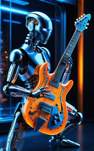 (intricate, ultra high detail, photorealistic, 8K, high-resolution, masterpiece), transparent biomechanical robot playing an electric guitar, visible internal components and circuits, futuristic and sleek design, glowing orange and blue highlights within the robotic structure, realistic reflections and refractions, dynamic pose, clear and minimalistic background, emphasis on mechanical complexity and artistry, advanced technology, high-definition textures, cutting-edge cybernetic aesthetics.