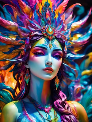 (best quality,8K,highres,masterpiece), ultra-detailed, visually stunning photograph featuring a vibrant and color-rich sculpture portraying a celestial ice goddess. This majestic deity stands tall, radiating a mesmerizing aura of vivid and lively elegance. The sculpture showcases an explosion of colors with intricate and dynamic designs that irresistibly draw the eye. The goddess, bathed in a myriad of hues, emanates a surreal and fantastical presence. The high-quality image brilliantly captures the sculpture's ethereal beauty, allowing viewers to immerse themselves in the kaleidoscope of colors, appreciating its extraordinary craftsmanship and enchanting allure. Neon lights illuminate the scene, adding an extra layer of brilliance and intensity to this captivating visual spectacle.